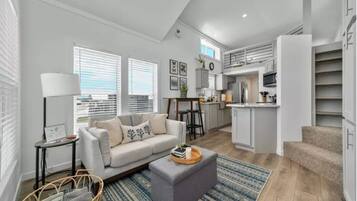 Smart TV, fireplace, books