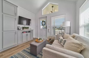 Smart TV, fireplace, books