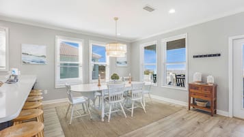 A modern kitchen with a white island, bar stools, a dining table with chairs, and large windows with blinds.
