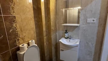 Deluxe-studio, patio | Kylpyhuone | Suihku, hiustenkuivaaja, bidee, pyyhkeet