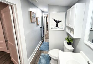 Hair dryer, towels, soap, shampoo