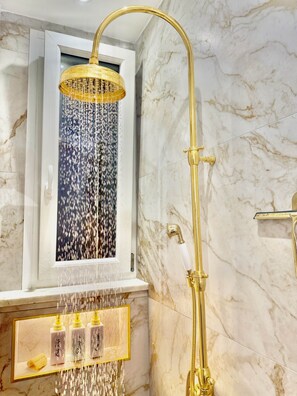 Shower, hair dryer, bidet, towels