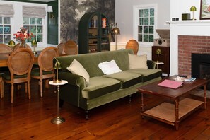 Smart TV, fireplace, foosball, books