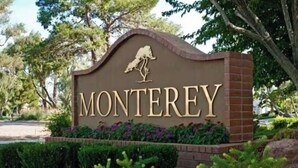 A sign with the word "MONTEREY" and a mountain silhouette. - +Guard Gated Golf Course Front 1mi to Vegas Strip, Quiet Secure best kept secret (Las Vegas)