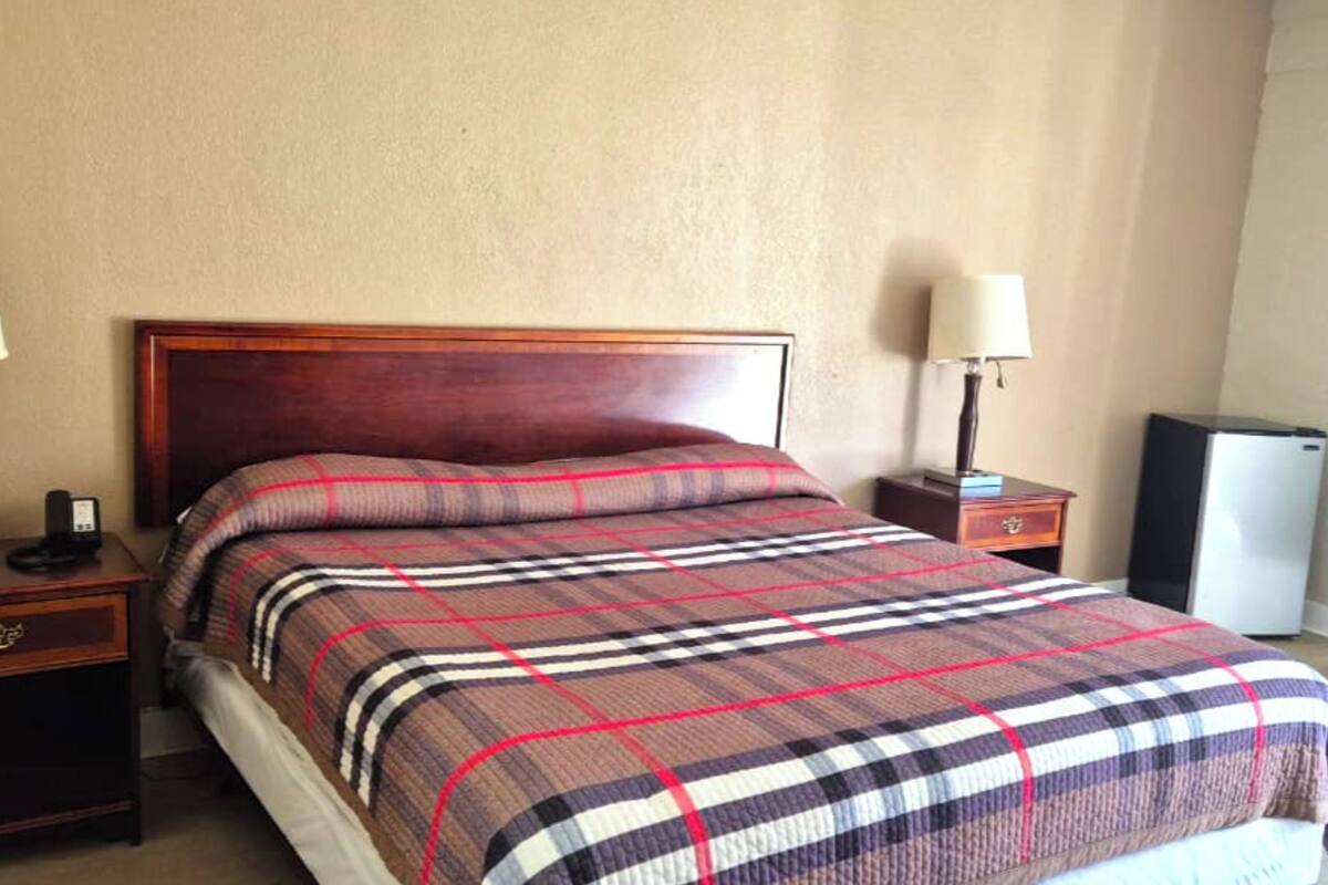 A hotel room with a bed, a nightstand, a lamp, and a refrigerator.