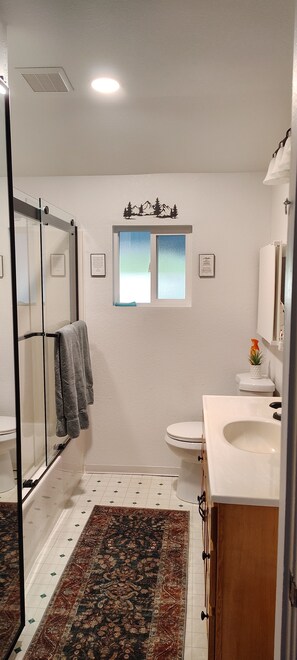 Hair dryer, towels, soap, shampoo