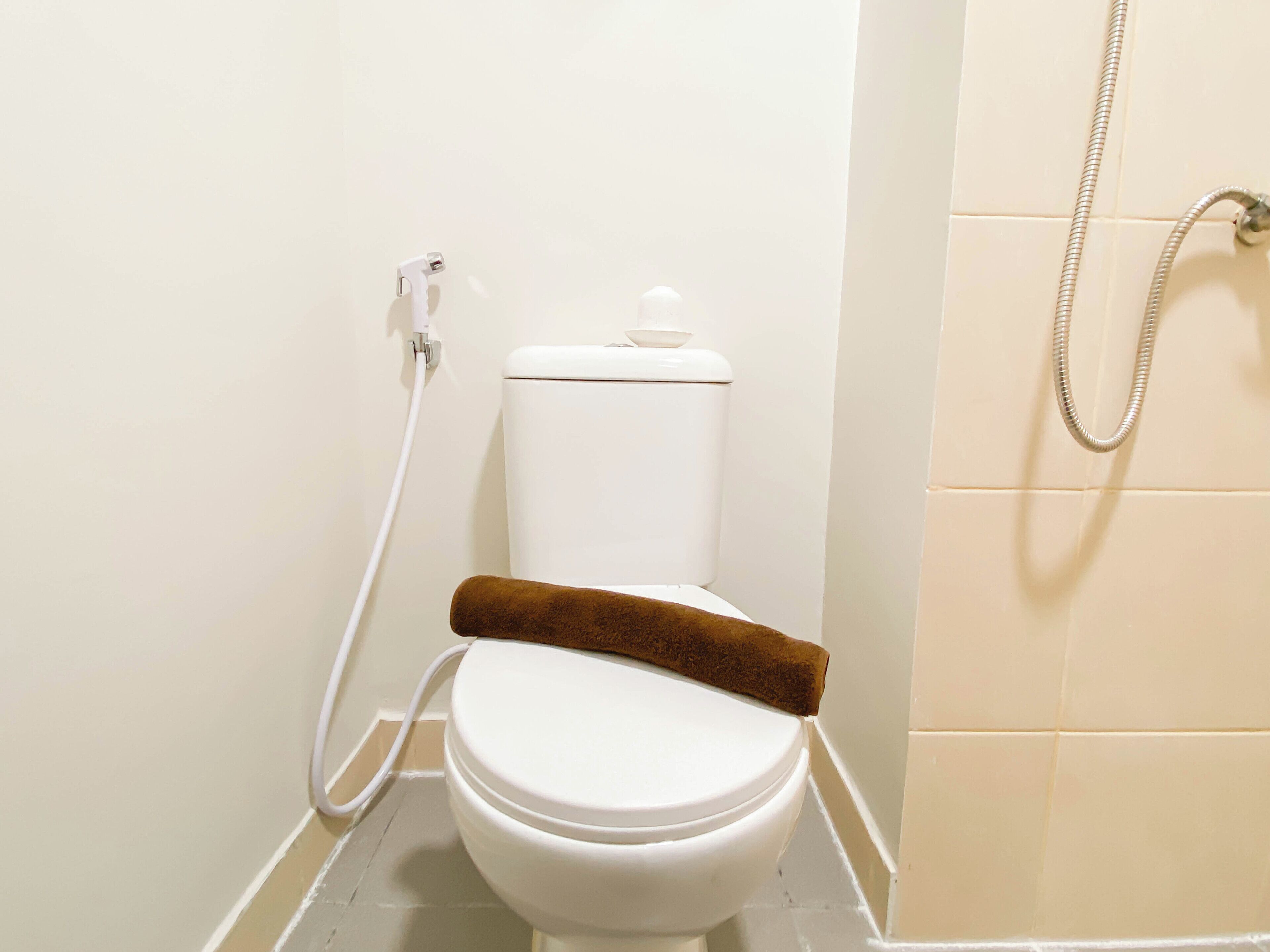 Eine weiße Toilette mit einem braunen Handtuch auf dem Sitz, ein Duschschlauch und eine weiße Wand.