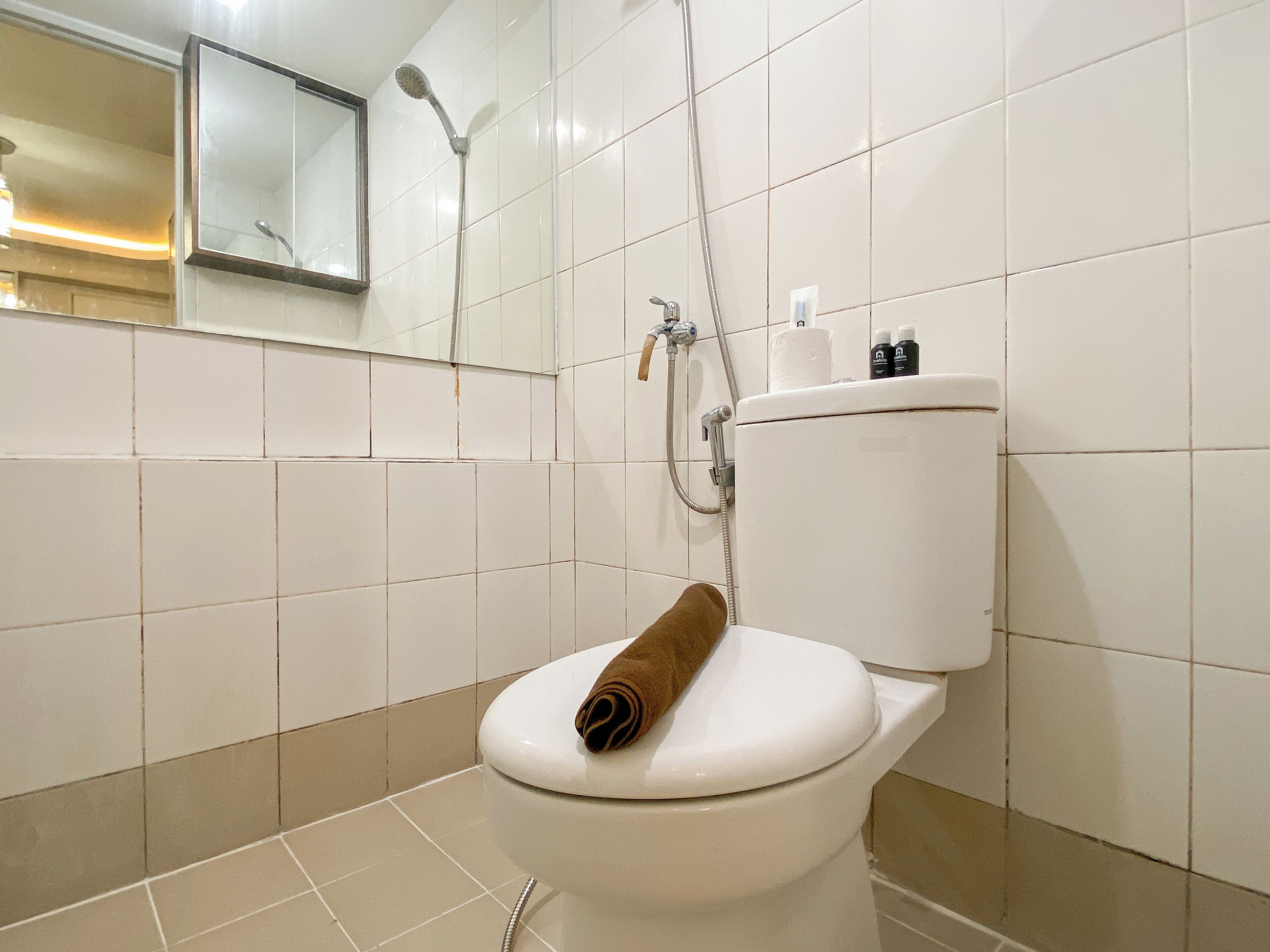 A bathroom with a white toilet, a shower, and a mirror.