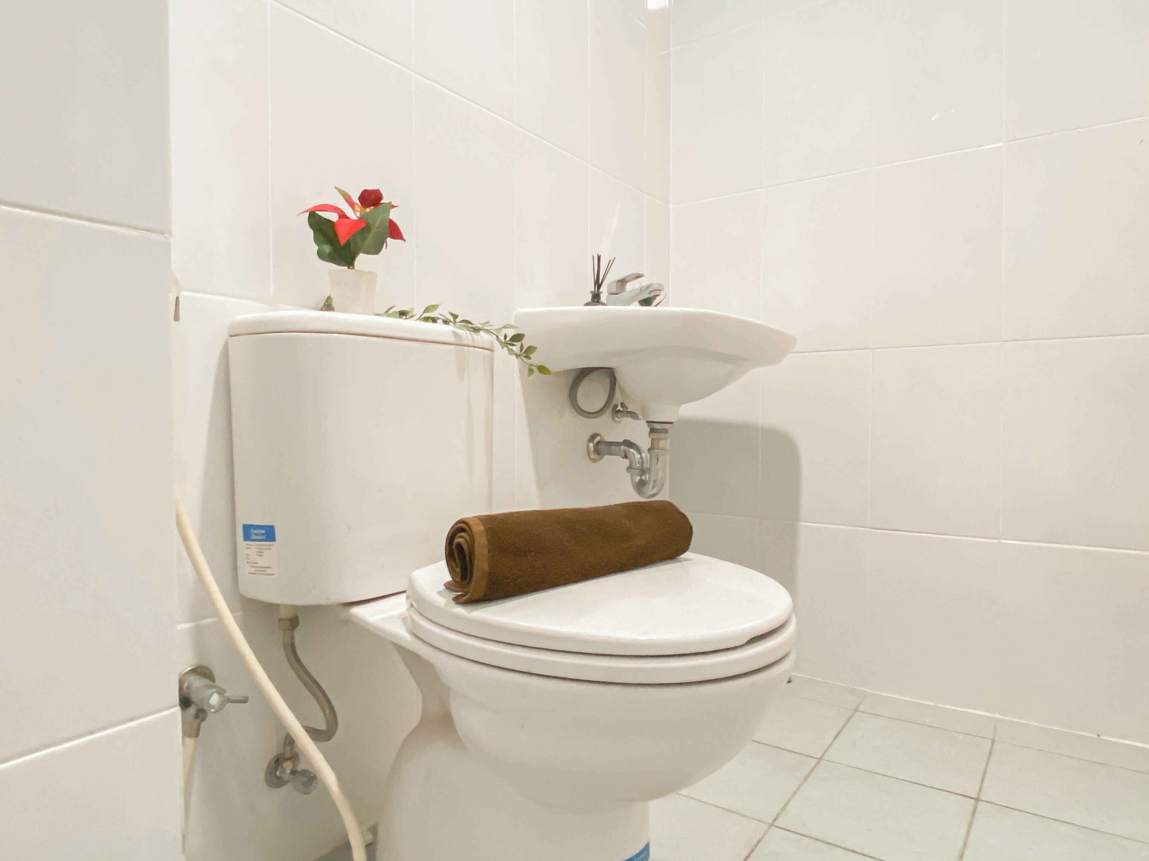 Eine weiße Toilette mit einem braunen Handtuch auf dem Sitz, ein weißes Waschbecken und eine kleine Pflanze auf dem Tank.