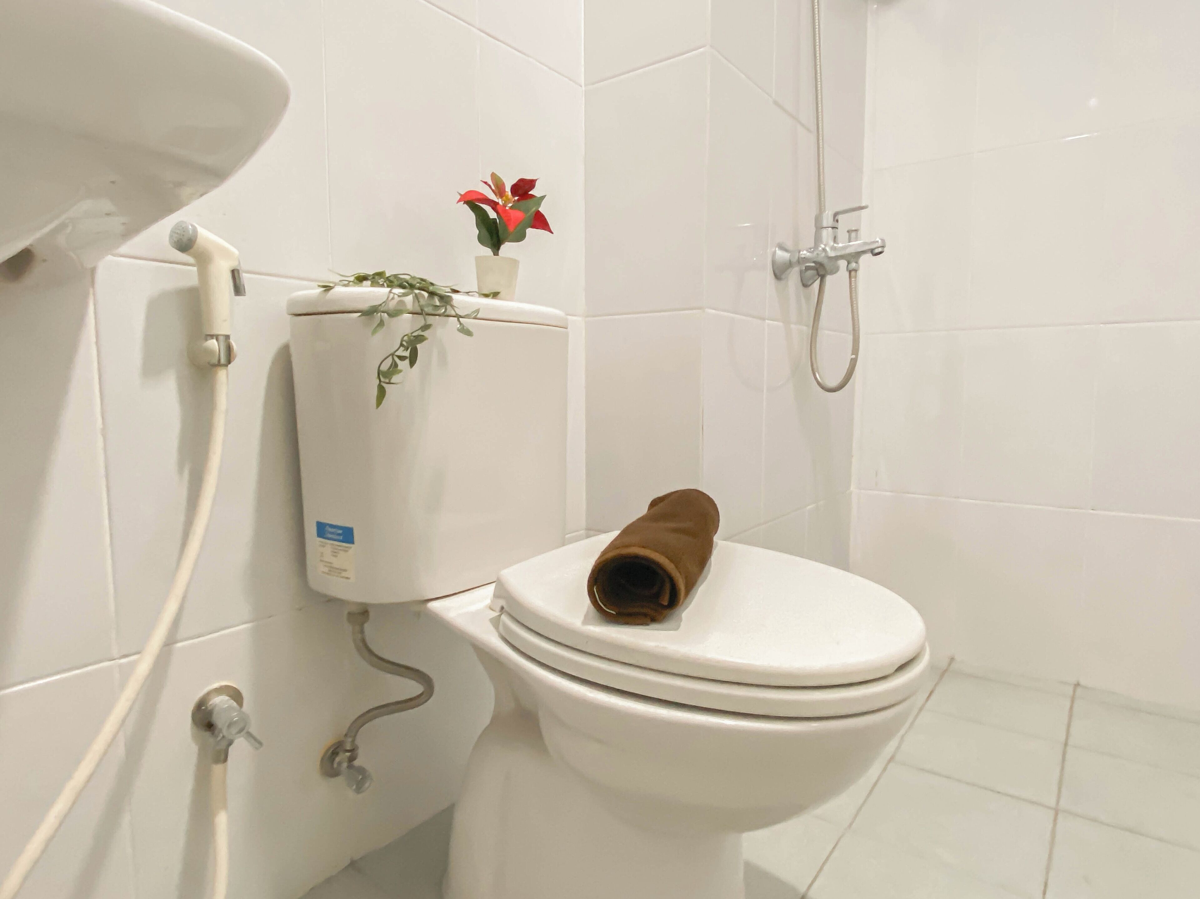 A white toilet with a brown towel on the lid, a small potted plant with red flowers, and a shower head on the wall.