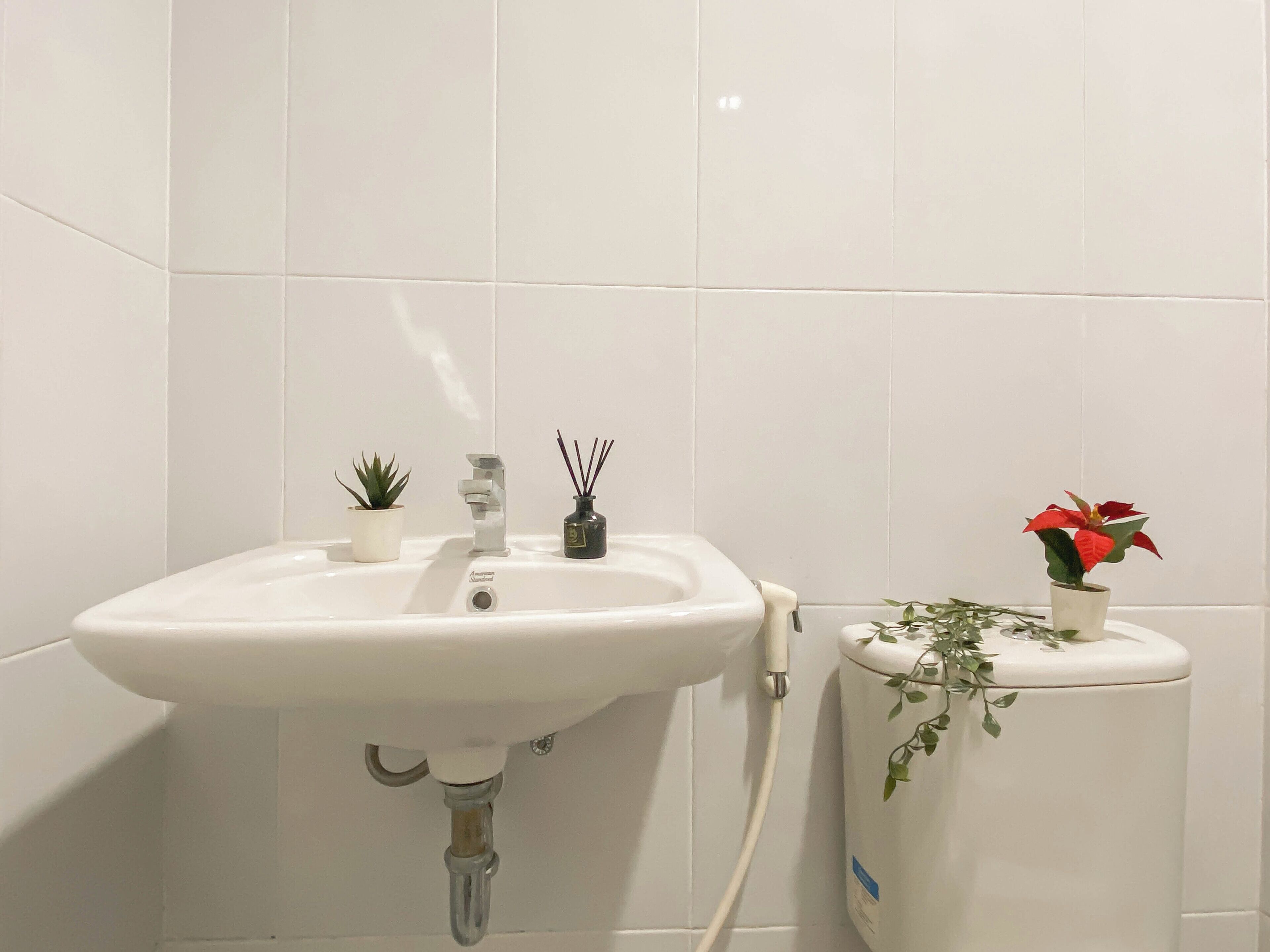 Et badeværelse med en hvid vask, toilet og to plantekrukker.