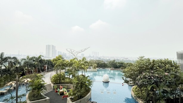 A rooftop pool with palm trees and a cityscape view. - Modern And Tidy Studio Room At West Vista Apartment (Jakarta)