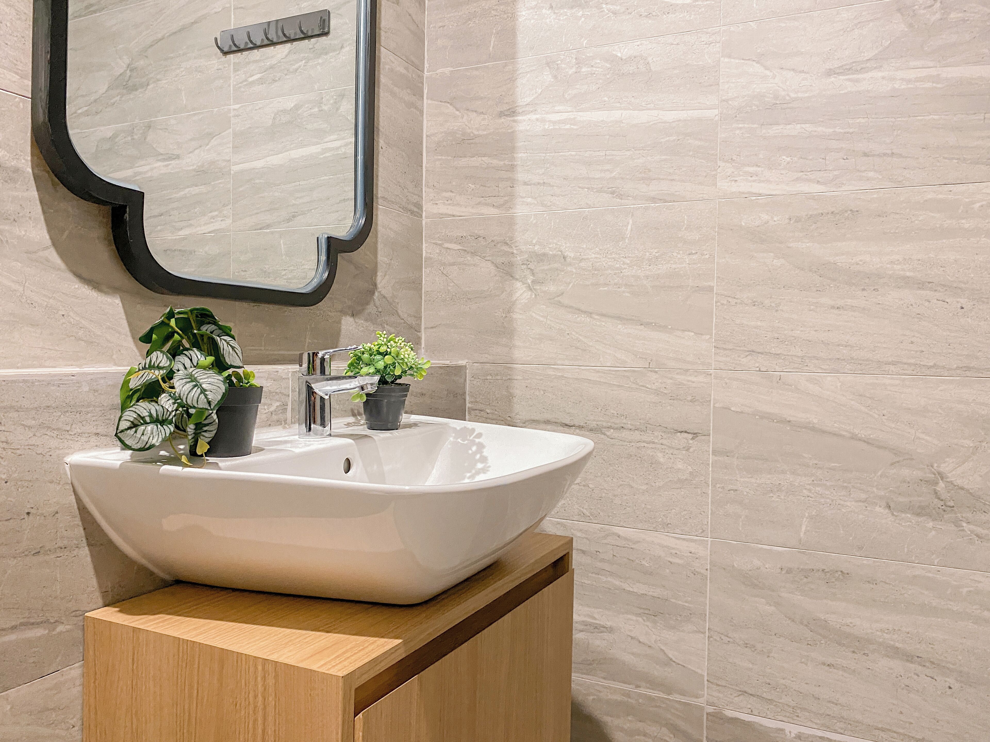 Un baño con un lavamanos blanco tipo lavabo, dos plantas en macetas, un espejo y un armario de madera.