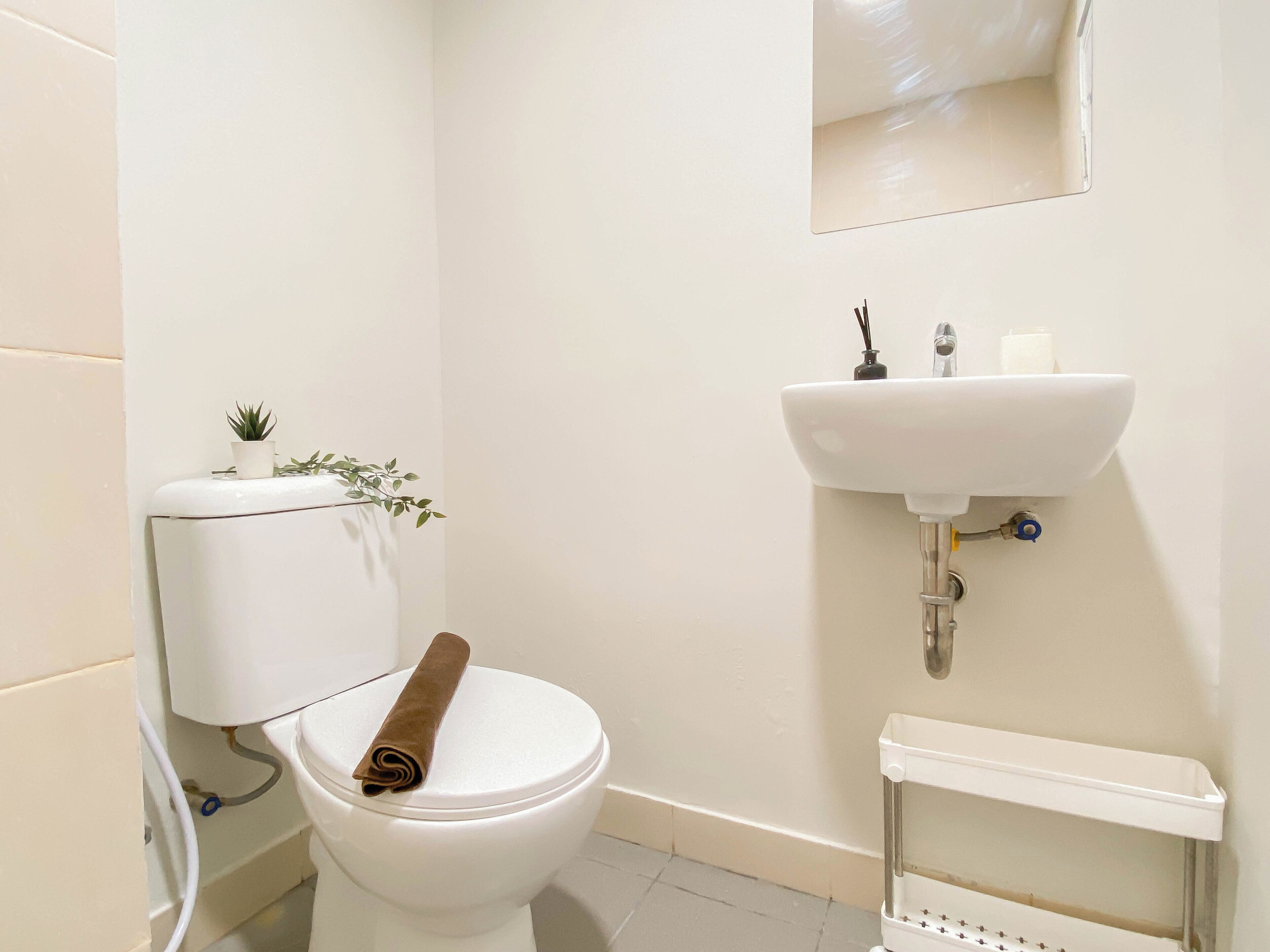 A bathroom with a toilet, a sink, and a mirror.