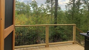 Una terraza de madera con barandilla de metal que da a un área boscosa.