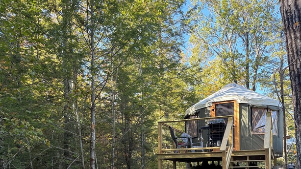 Una yurta con terraza, dos sillas Adirondack y un hogar a piedra en un entorno boscoso.