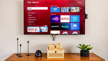 A TCL Roku TV mounted on a wall displaying various streaming services and a table with a plant and a basket.