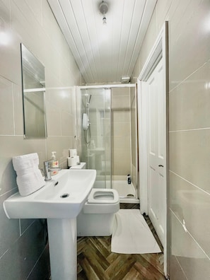 Hair dryer, towels, soap, toilet paper