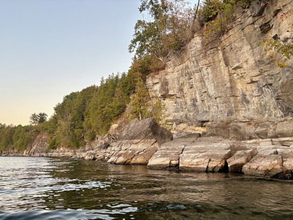 A rocky cliff by a calm body of water, surrounded by dense forest.