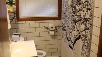 Hair dryer, towels, soap, toilet paper