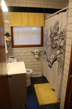 Secador de cabelo, toalhas de banho, sabonete, papel higiênico