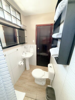 Shower, towels, soap, toilet paper