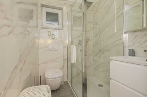 Shower, hair dryer, towels