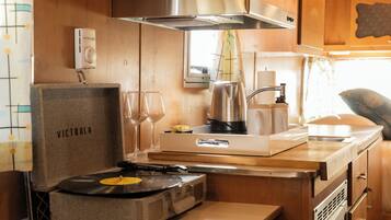 Fridge, microwave, cookware/dishes/utensils, paper towels