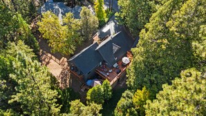 Eine Vogelperspektive zeigt ein Haus, umgeben von dichten Bäumen, mit einer großen Terrasse, Gartenmöbeln und einem sichtbaren Schornstein.