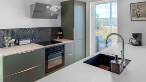 Una cocina moderna con horno empotrado, placa de cocina y un lavamanos con grifo.