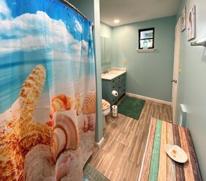 Hair dryer, towels, soap, toilet paper