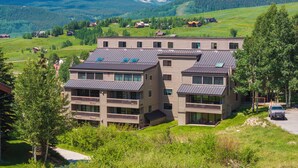 A modern multi-story building with a flat roof, large windows, and solar panels, surrounded by lush greenery and mountains in the background. - Mountain Edge Condo Mt Crested Butte (Crested Butte)