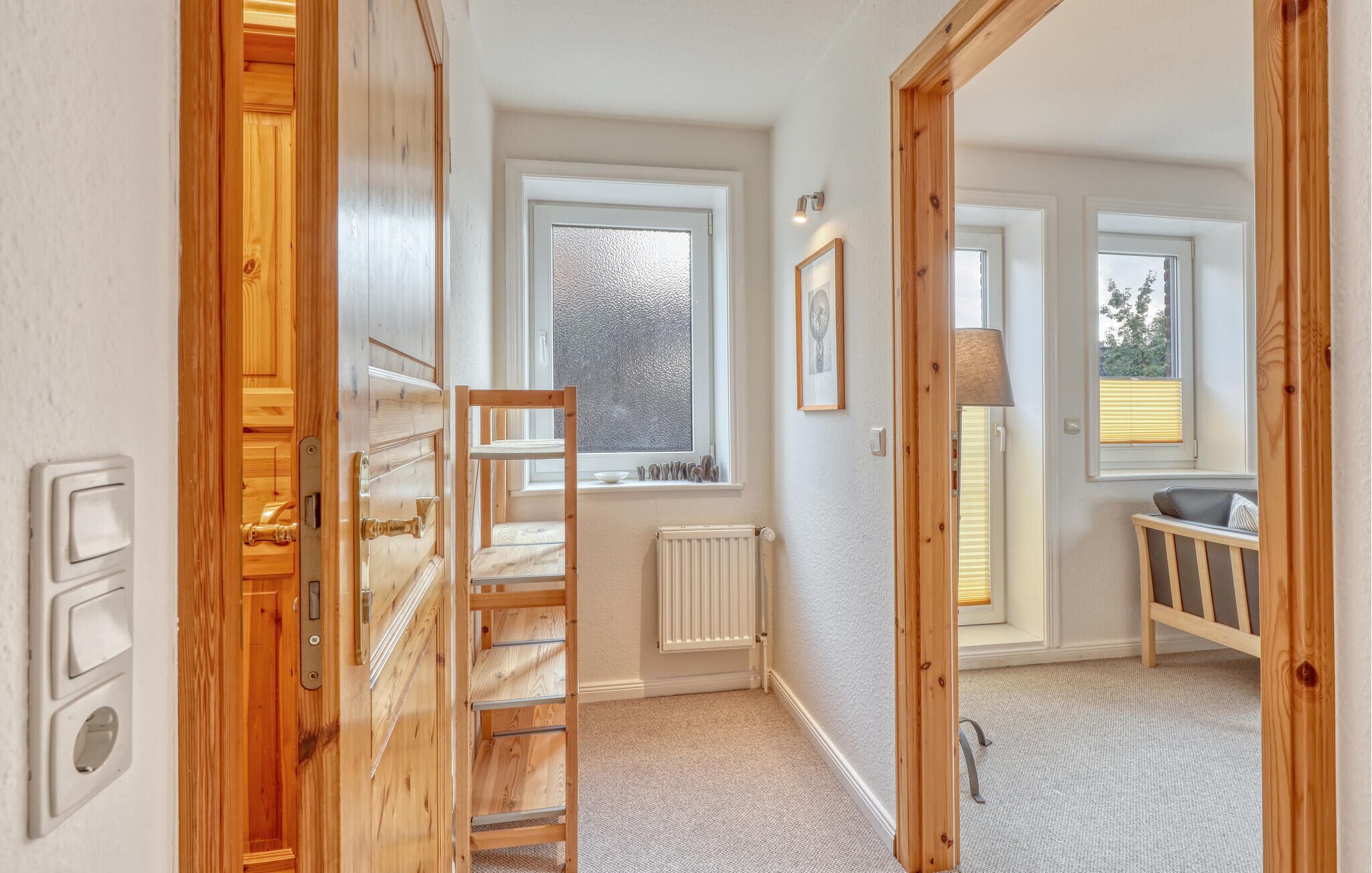 A narrow hallway with a wooden door, a radiator, and a window with a view of trees.