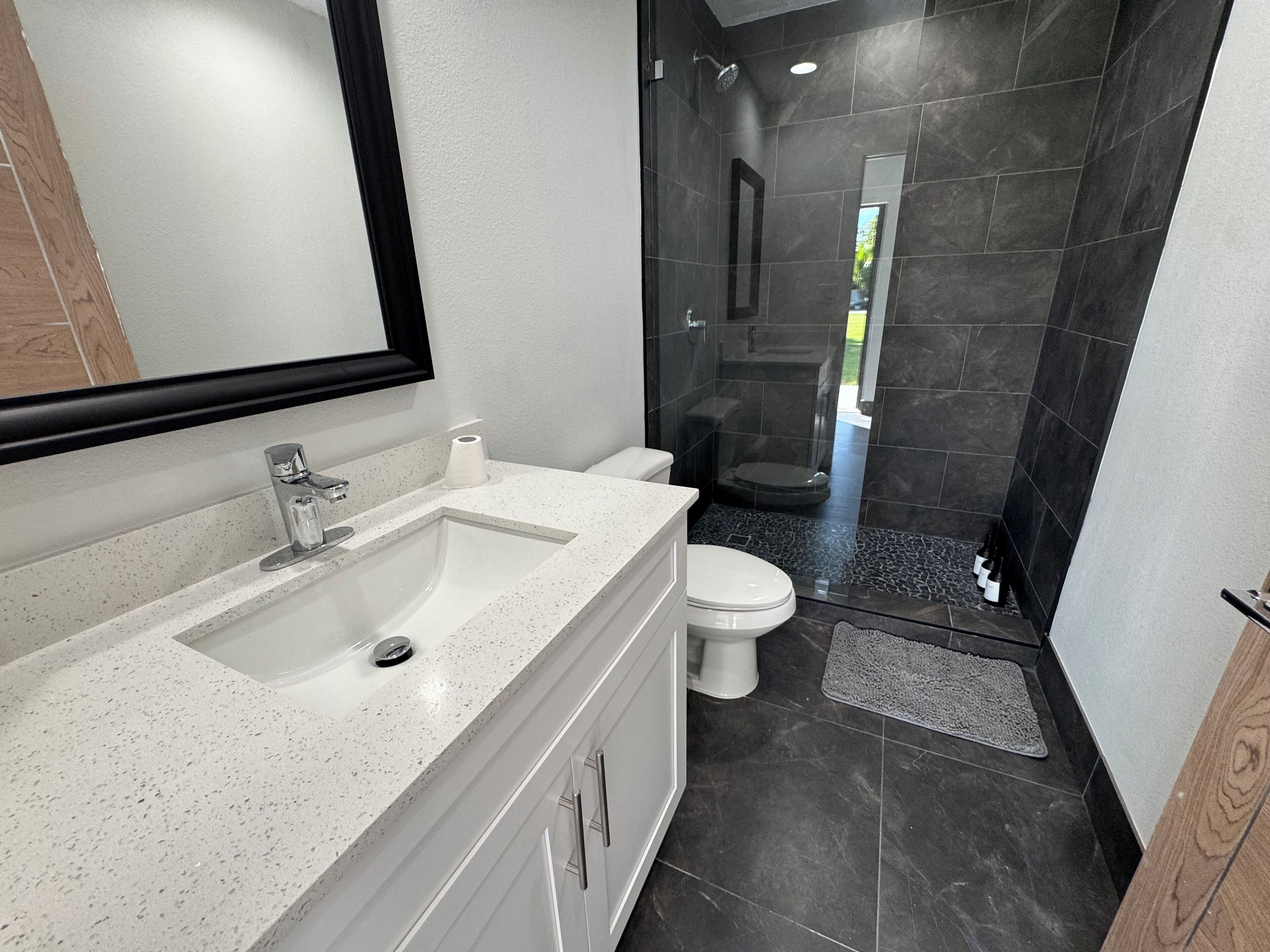 Hair dryer, towels, soap, toilet paper