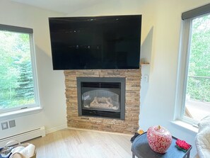 Älytelevisio, takka, kirjoja, stereot