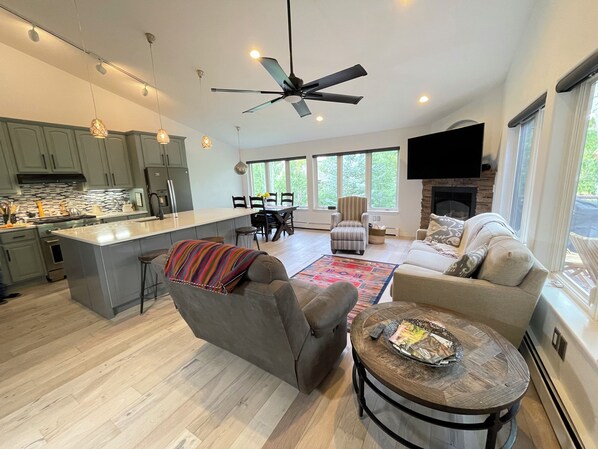 Smart TV, fireplace, books, stereo