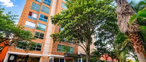 A multi-story building with a brick facade, large windows, and a tree in the foreground.