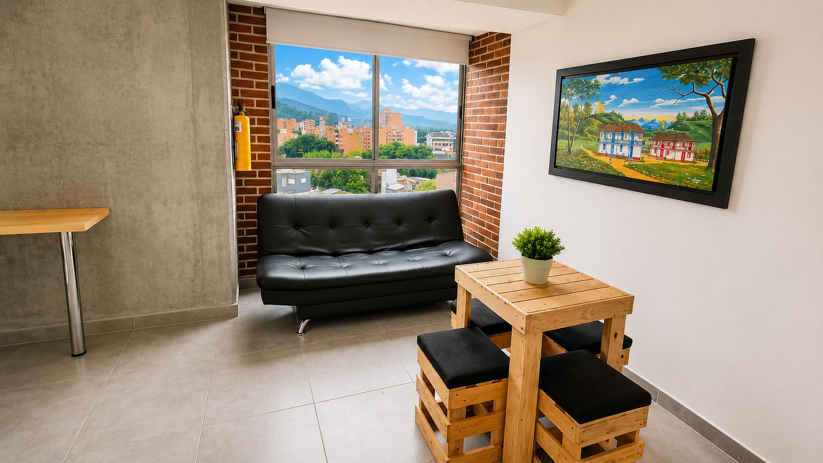 Une pièce avec un canapé en cuir noir, une table en bois ornée d’une plante en pot et une vue sur le paysage urbain par la fenêtre.