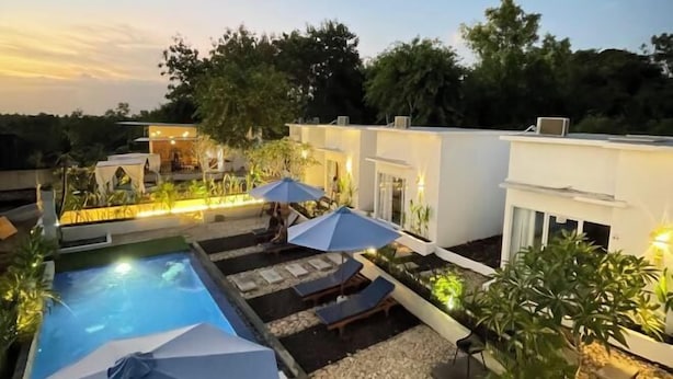 Un área de piscina con sillones reclinables y sombrillas, rodeada de vegetación y arquitectura moderna.