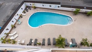 Vista aérea de una piscina con sillas de descanso y plantas en macetas.