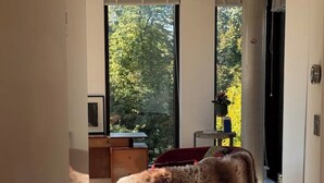 Un intérieur moderne avec un fauteuil recouvert de fourrure, de grandes fenêtres et une vue sur les arbres.