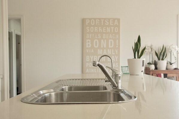 A kitchen with a stainless steel sink, a white countertop, and a potted plant.
