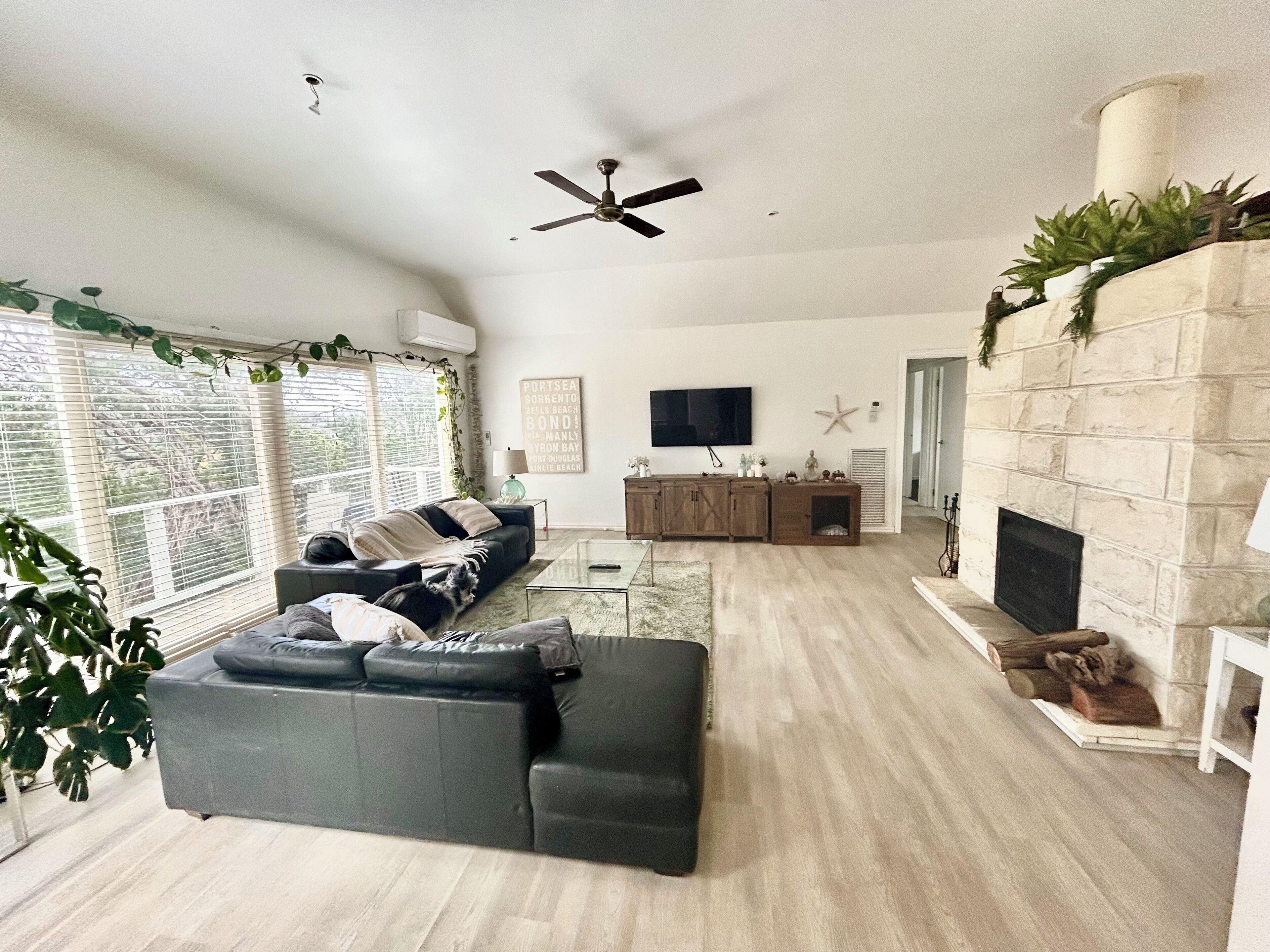 Smart TV, fireplace, books, stereo