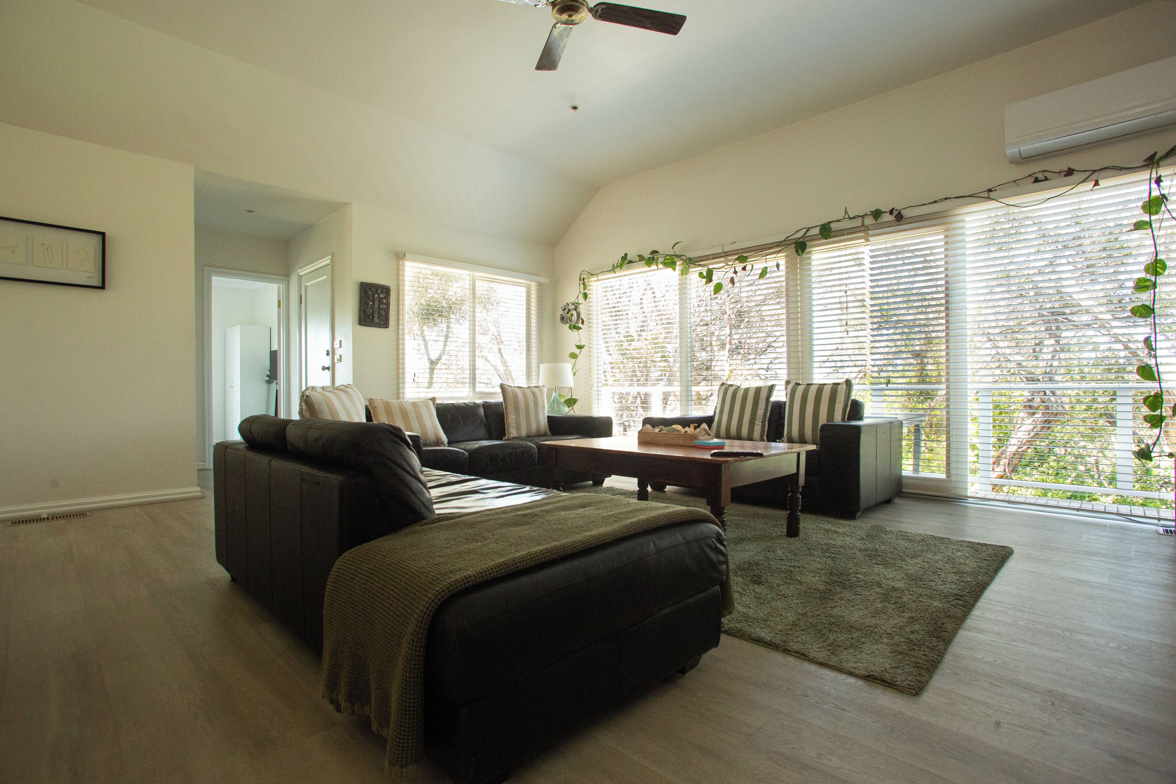 Smart TV, fireplace, books, stereo