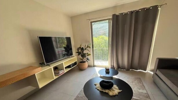 Ein modernes Wohnzimmer mit einem Flachbildfernseher, einem kleinen runden Tisch, einer Couch, einer Topfpflanze und einer Glastür zum Außenbereich.