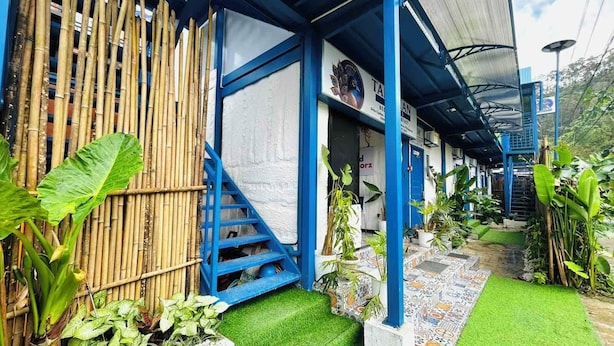 Un edificio con fachada azul y un vestíbulo cubierto. Se observa una cerca de bambú y diversas plantas alrededor.