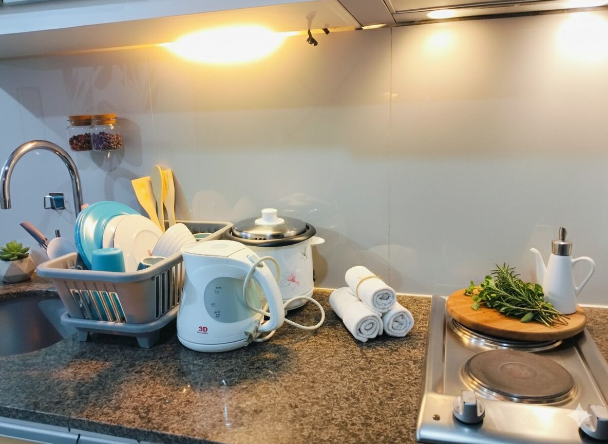 Frigobar, microondas, parrilla de estufa y utensilios de cocina 