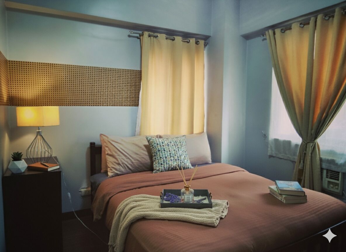 A neatly made bed with a brown blanket, a bedside table with a lamp, and a tray with books and a bottle.