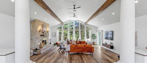 TV, fireplace, books