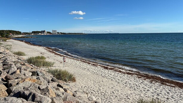 A coastal beach with a rocky shoreline, a lifebuoy, and a distant view of buildings and mountains.